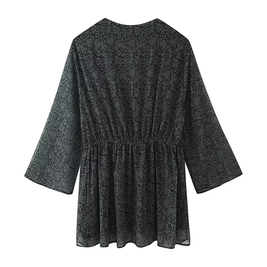Damen transparente Paisley-Chiffon-Tunika mit V-Ausschnitt, Kordelzug und Perlendetail – Avérine