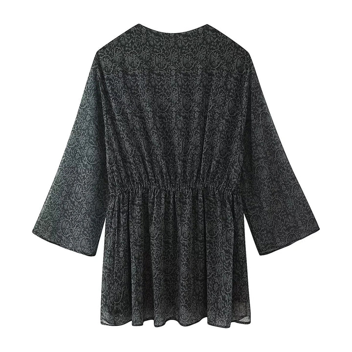 Damen transparente Paisley-Chiffon-Tunika mit V-Ausschnitt, Kordelzug und Perlendetail – Avérine