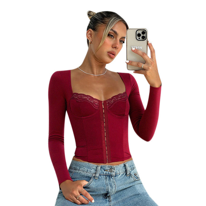 Damen Figurbetontes Langarm-Corsagen-Top mit Spitzenbustier und Haken‑Ösen-Verschluss – Avérine