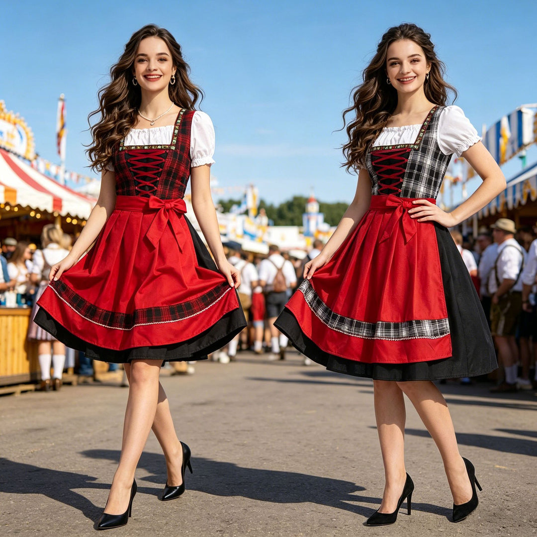 Damen nan traditionelles Dirndlkleid mit Schürze geschnürtem Mieder und kariertem Oberteil Echo Archiv