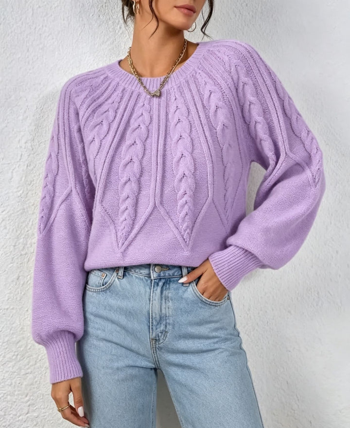 Damen kurzgeschnitteter Grobstrick-Zopfpullover mit Ballonärmeln – Mavelle