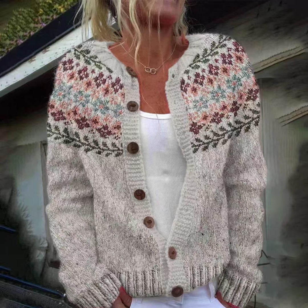 Damen nan gemusterte Strickjacke mit Rundpasse, Holzknöpfen und Eingrifftaschen Echo Archiv