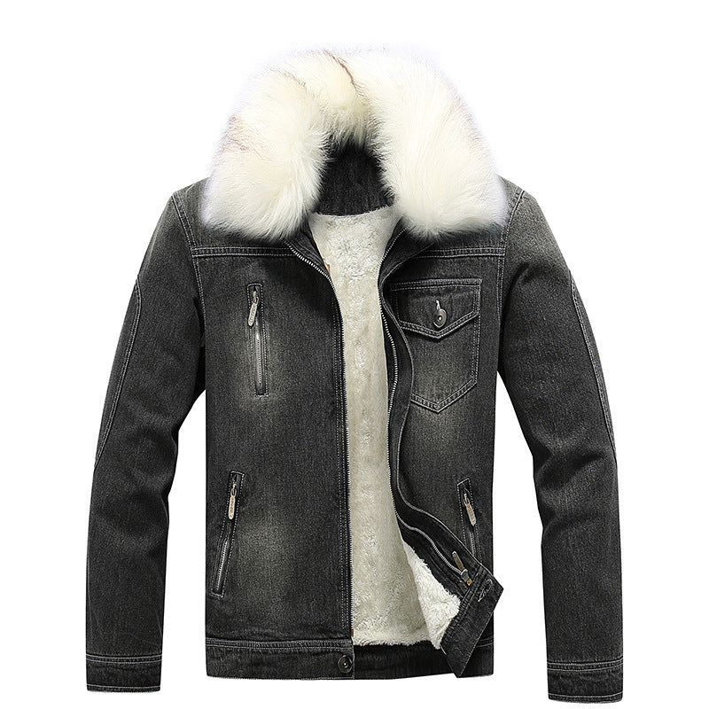 Herren Denim-Thermojacke mit Fleece-Innenfutter und abnehmbarem Kunstfellkragen – Denvaro