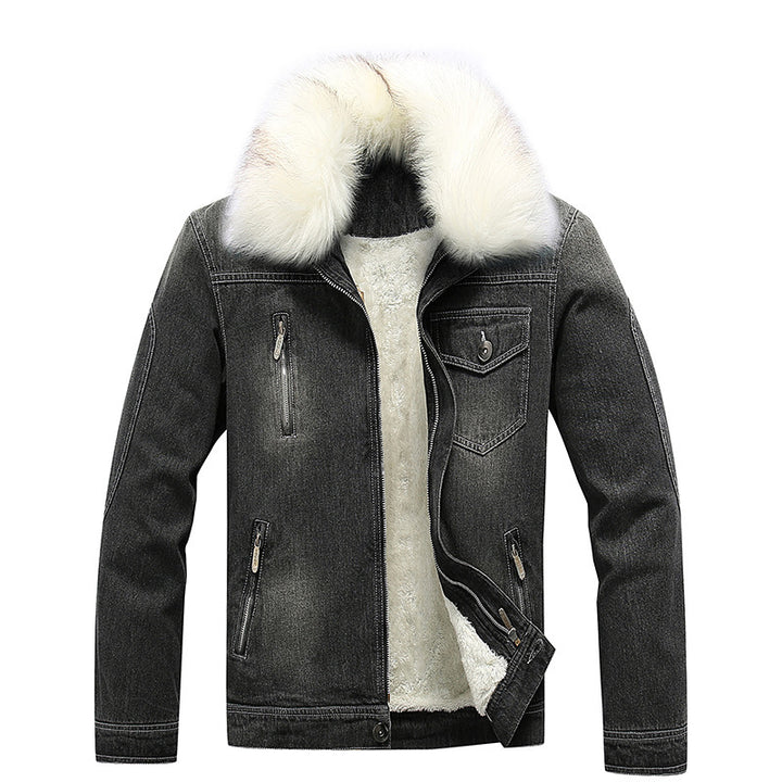 Herren Denim-Thermojacke mit Fleece-Innenfutter und abnehmbarem Kunstfellkragen – Denvaro