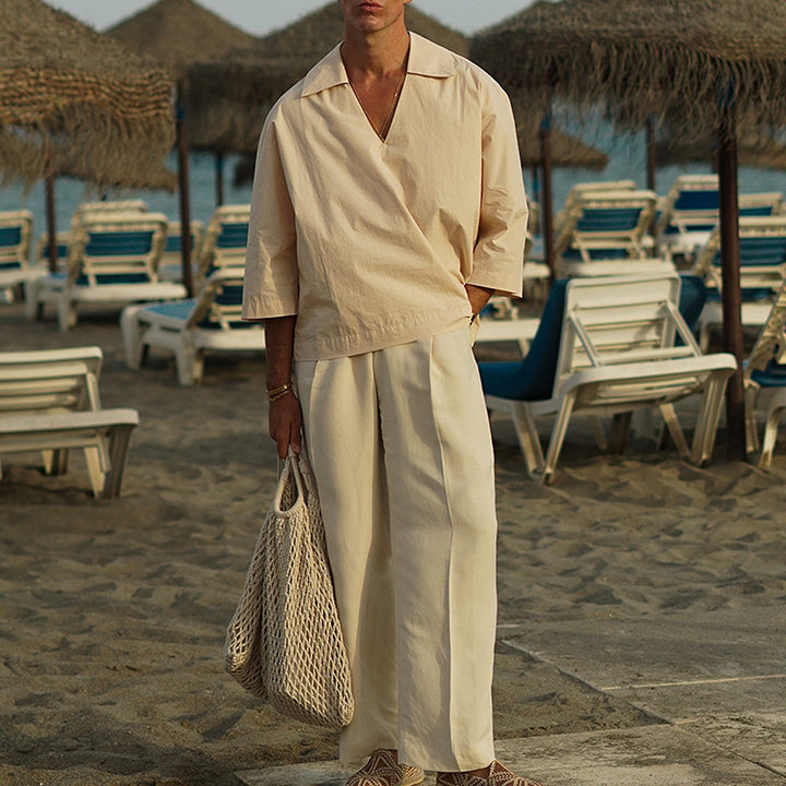 Herren Oversized-Hemd mit tiefem V‑Ausschnitt und Leinen‑Baumwoll‑Mix Echoarchiv
