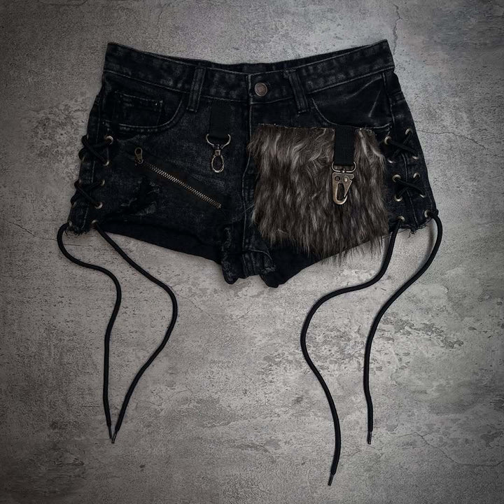 Damen Modische Denim-Shorts mit einzigartigen Lacing-Details und Kunstfell-Applikation Echo Archiv