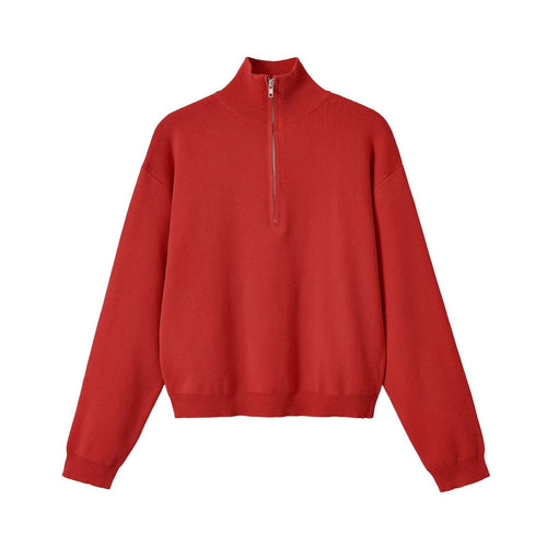 Damen Relaxter Halbzip-Feinstrickpullover mit Stehkragen und überschnittener Schulter Echoarchiv