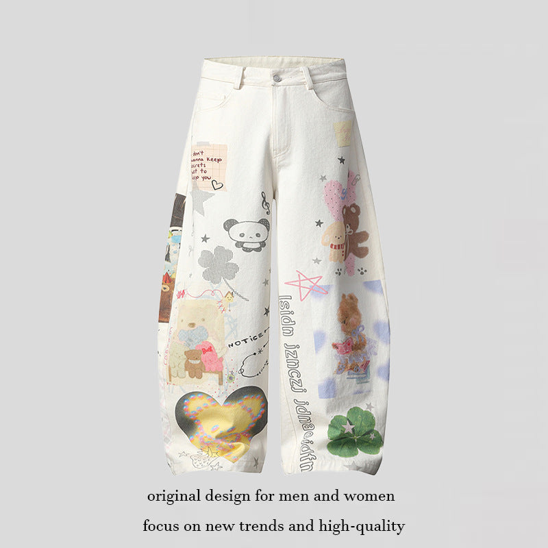 Damen Weite High‑Waist Culotte-Jeans mit verspieltem Allover-Mixed-Print und elastischem Saum Echoarchiv