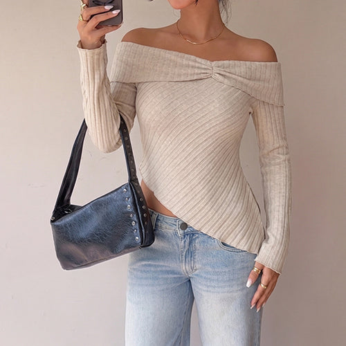 Damen Schulterfreies asymmetrisches Rippstrick-Top mit Knotenpasse – Mavelle