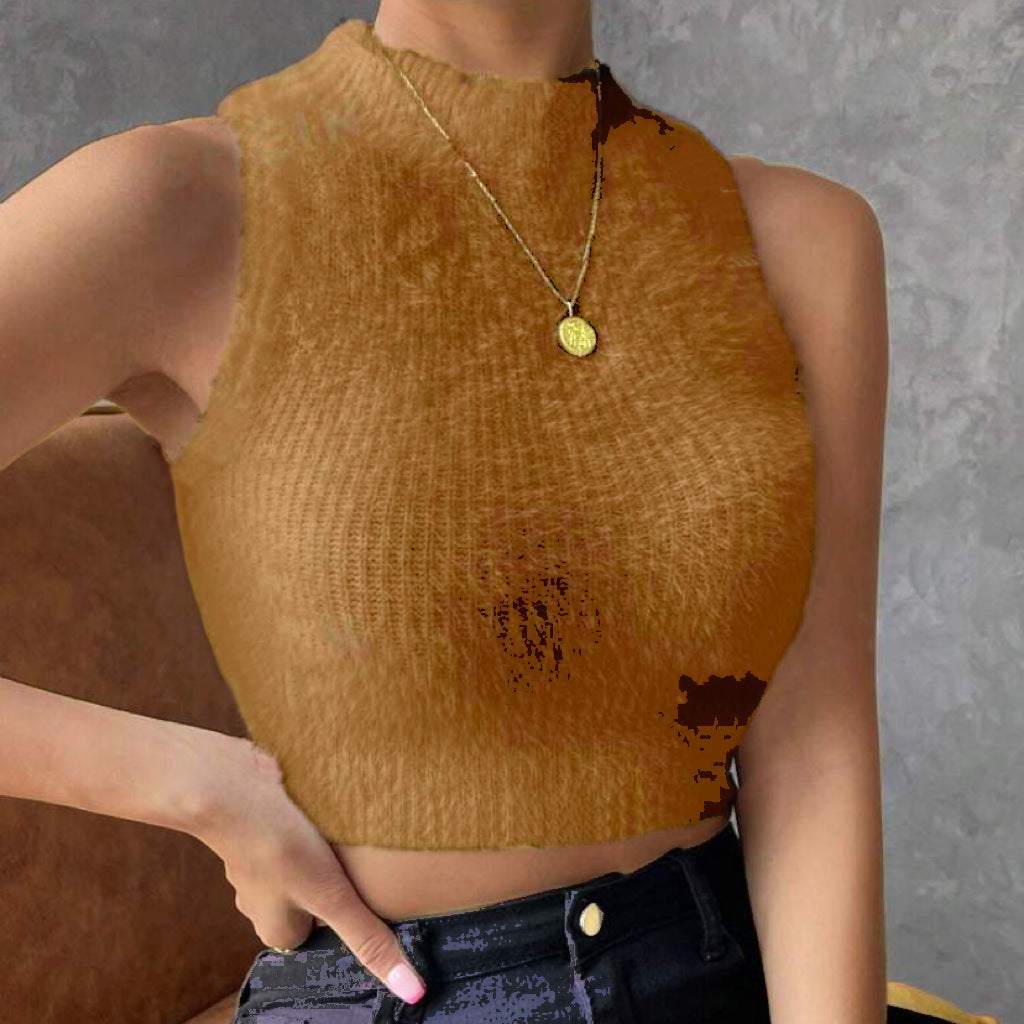 Damen Kurz geschnittenes ärmelloses geripptes Strick-Crop-Top mit Stehkragen – Avérine