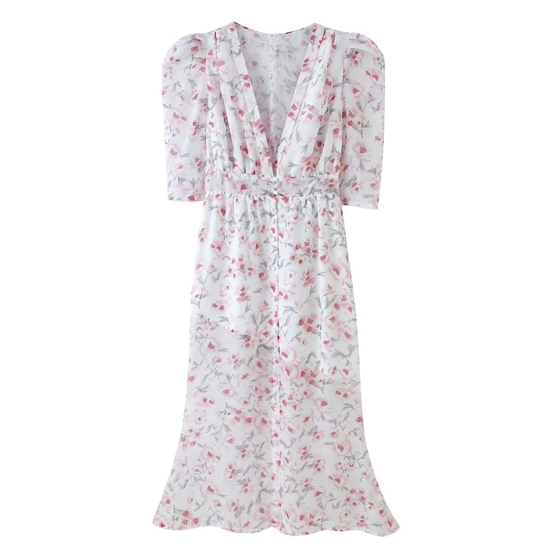 Damen Chiffon-Midikleid mit floraler Allover‑Optik, V‑Ausschnitt und geraffter Taille Echo Archiv