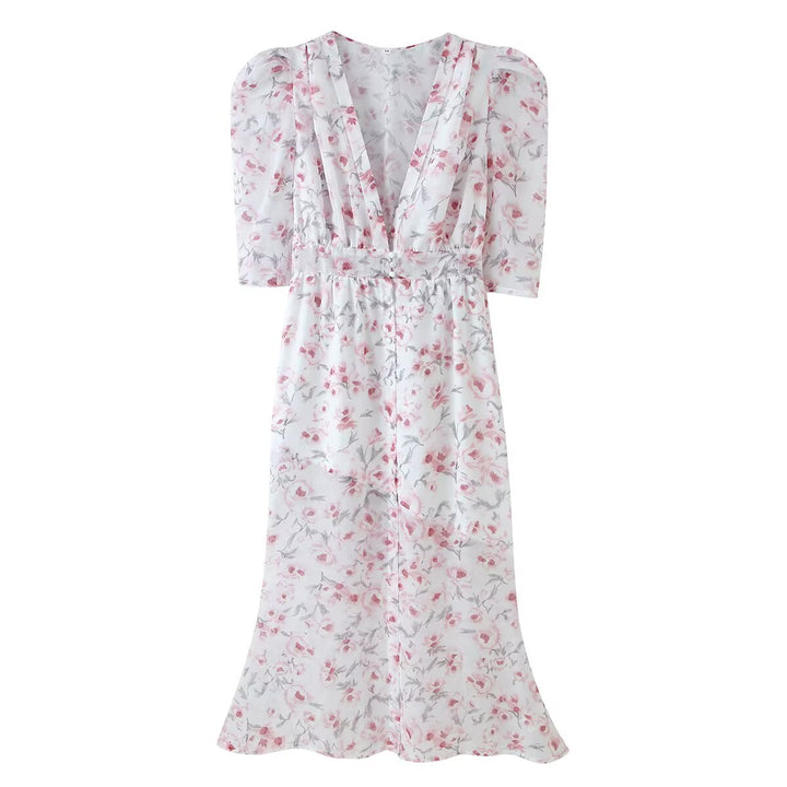 Damen Chiffon-Midikleid mit floraler Allover‑Optik, V‑Ausschnitt und geraffter Taille Echo Archiv