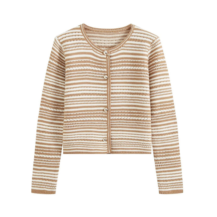 Damen gestreifte Kurzstrickjacke mit Rundhals und dekorativen Knöpfen Echo Archiv