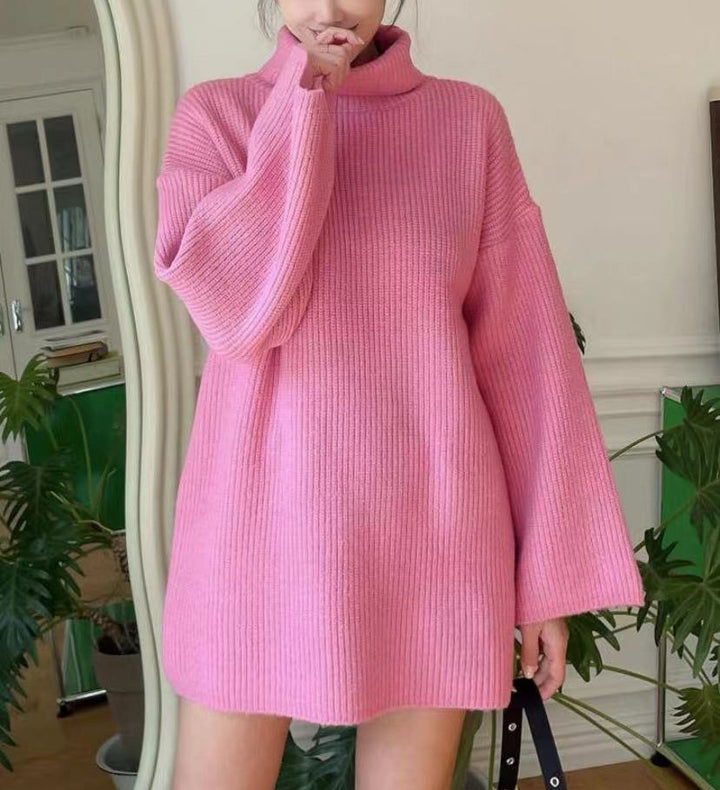 Damen Oversized geripptes Rollkragen‑Strickkleid mit Glockenärmeln – Mavelle