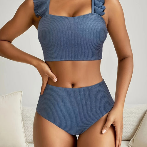 Damen Hochgeschnittenes Badeoberteil mit Rüschendetails und passendem Bikini-Unterteil Echo Archiv