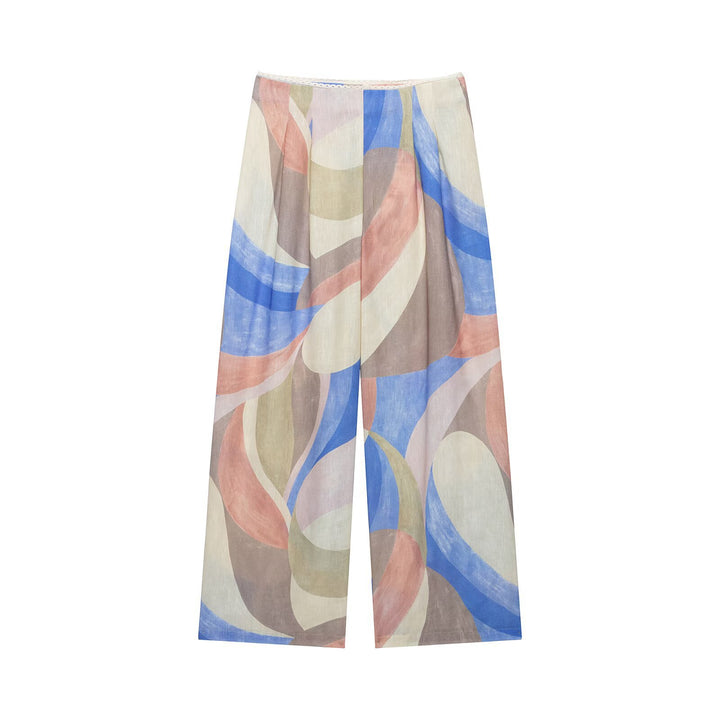 Damen Weite Leinenhose mit abstraktem Aquarellprint und hoher Taille Echo Archiv