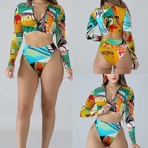 Damen Surf-Bikini-Set mit langärmeligem Oberteil und modischem Reißverschluss Echo Archiv