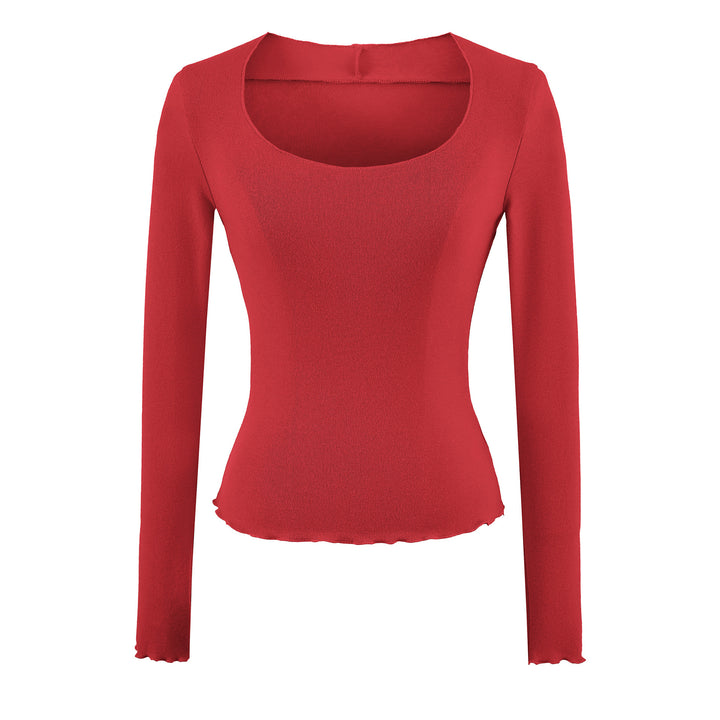 Damen Figurbetontes Langarm-Feinstrickshirt mit quadratischem Ausschnitt und Wellensaum Echoarchiv