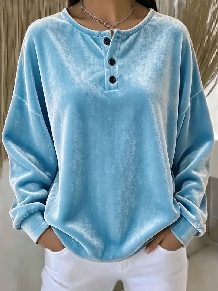 Damen Lässiges Oversize Samt-Henleyshirt mit Knopfleiste Echoarchiv