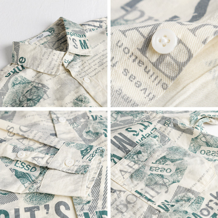 Herren Overshirt aus Baumwoll‑Leinen mit typografischem Zeitungsprint und Relaxed‑Fit Echoarchiv