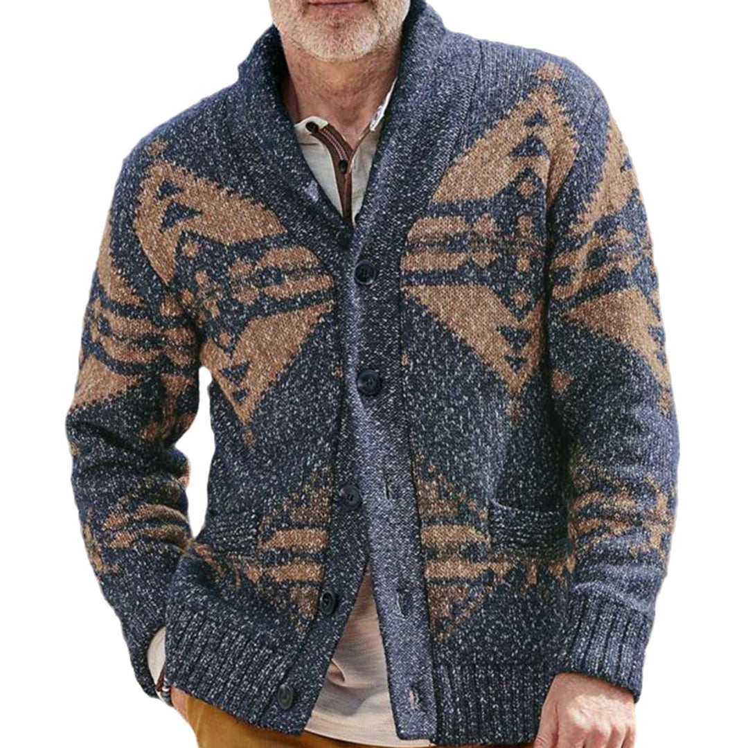 Herren Strickjacke mit einzigartigem geometrischen Muster und tiefem Kragen Echoarchiv