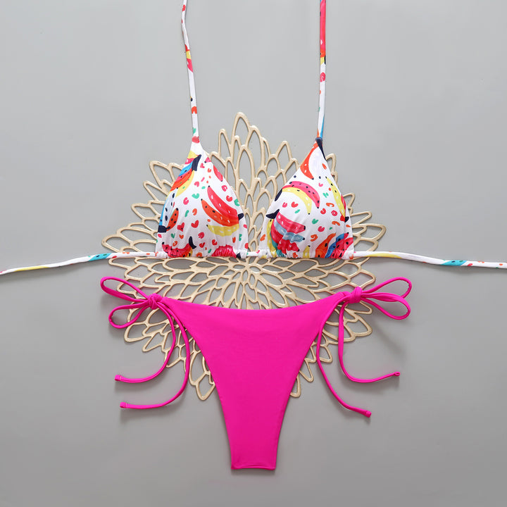 Damen Triangel-Bikini mit buntem Fruchtmuster und femininen Schleifen Echo Archiv
