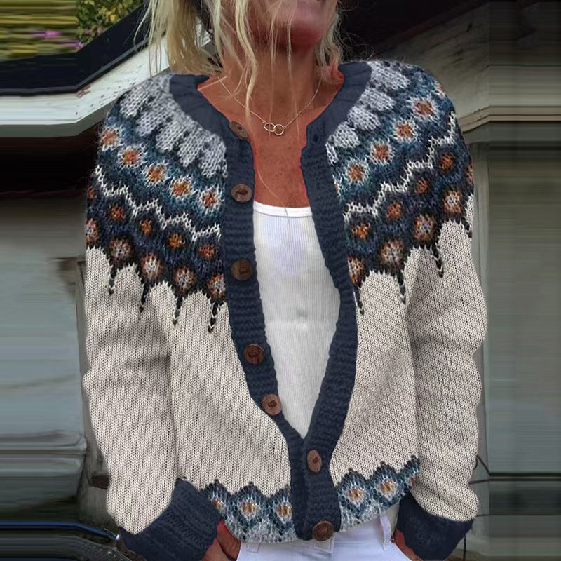 Damen nan gemusterte Strickjacke mit Rundpasse, Holzknöpfen und Eingrifftaschen Echo Archiv