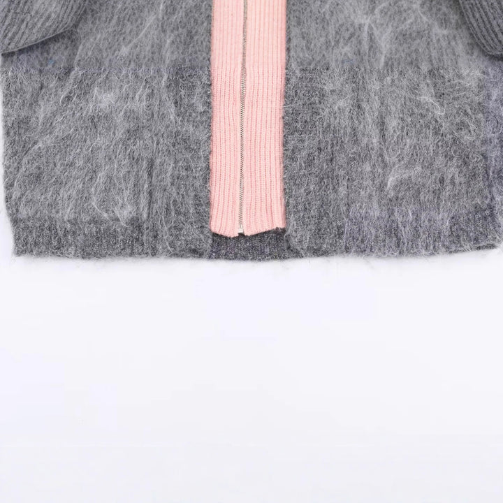 Damen kuscheliger Mohair‑Optik Cardigan mit integrierter Reißverschluss‑Innenjacke und Bomberkragen – Veloura