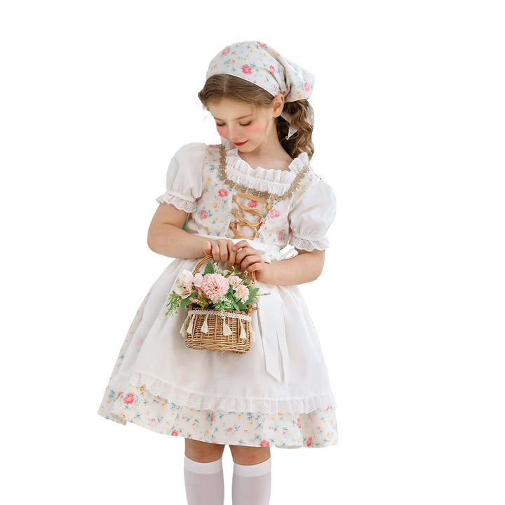 Damen nan traditionelles Dirndlkleid für Mädchen mit bestickter Schürze, Rüschenkragen und passendem Kopftuch Echo Archiv