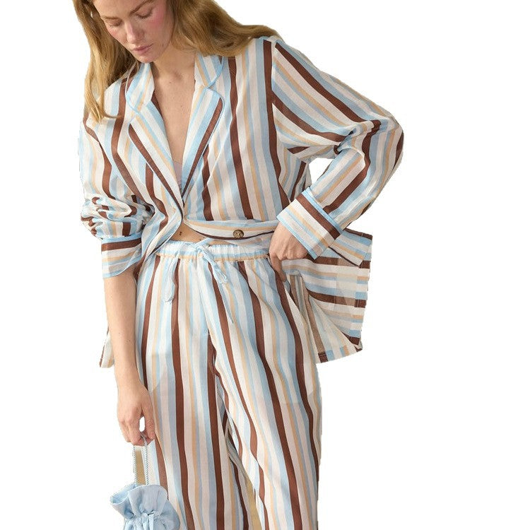 Damen Gestreiftes leichtes Loungewear-Set aus Viskose mit verkürztem Hemd & weiter Kordelhose Echoarchiv