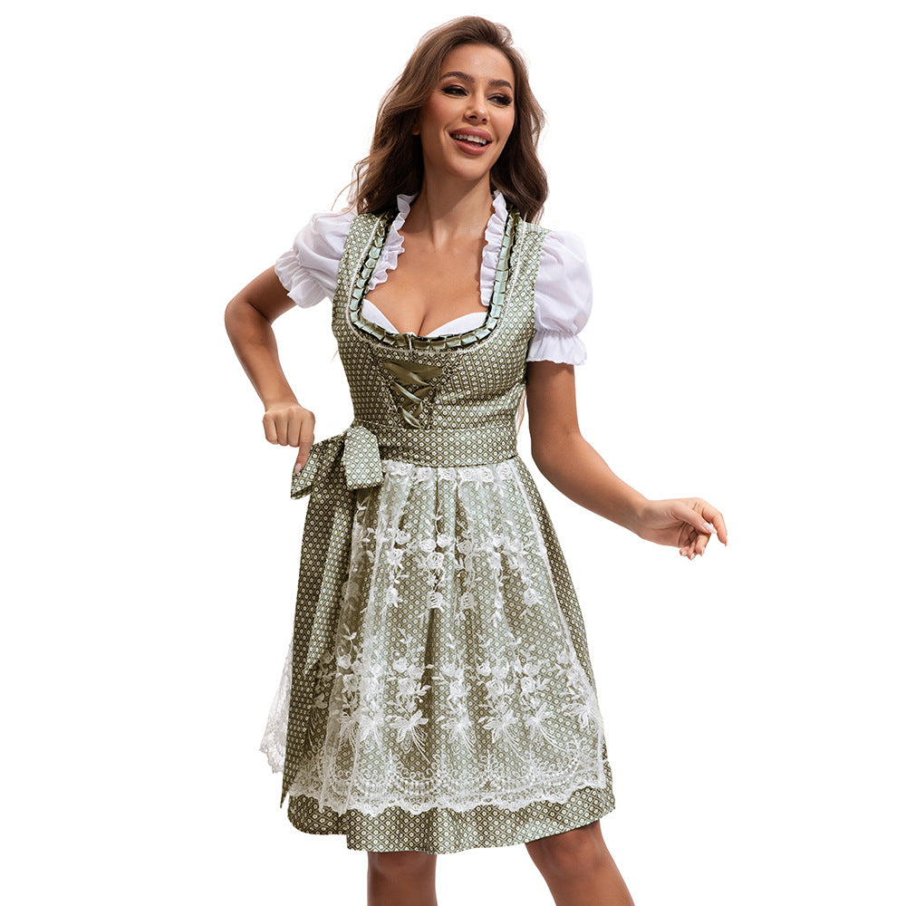 Damen nan kurzes traditionelles Dirndlkleid mit Spitzen-Schürze, geschnürter Taille und Puffärmeln Echo Archiv