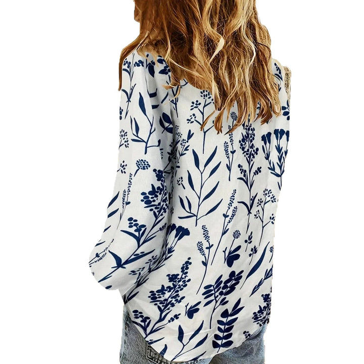 Damen nan lockere Leinenoptik-Bluse mit V-Ausschnitt botanischem Alloverprint und Dreiviertelärmeln Echo Archiv