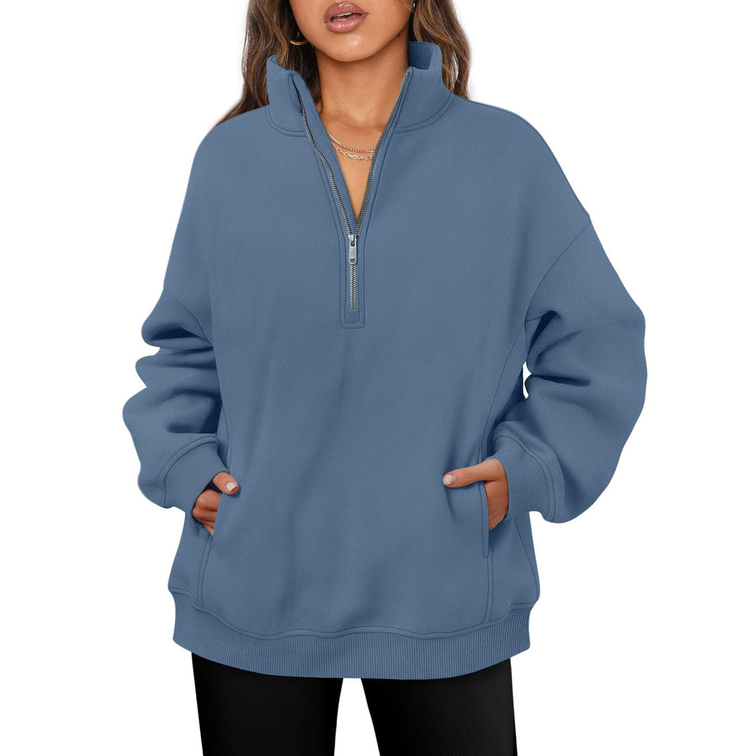 Damen nan oversized Halbzip-Pullover mit Stehkragen, Kängurutasche und Rippbündchen Echo Archiv