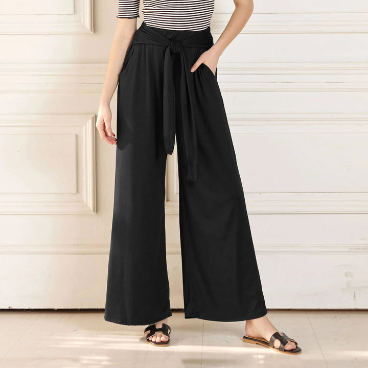 Damen Hochtaillierte Weite Palazzo-Hose mit Selbstbindendem Taillenbund und Seitentaschen – Avélisse