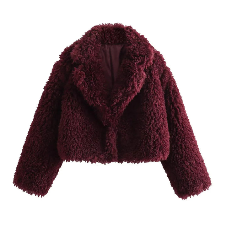 Damen kurze Teddy-Kunstfelljacke mit großem Schalkragen, kastigem Cropped‑Schnitt und weicher Plüschstruktur – Célinea