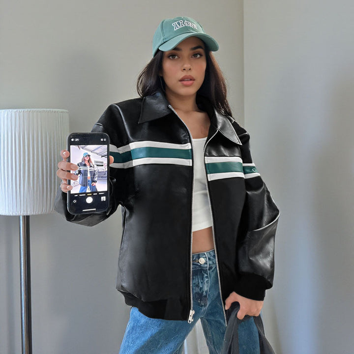 Damen Kunstleder-Bomberjacke mit Retro-Streifen und durchgehendem Reißverschluss – Avérine