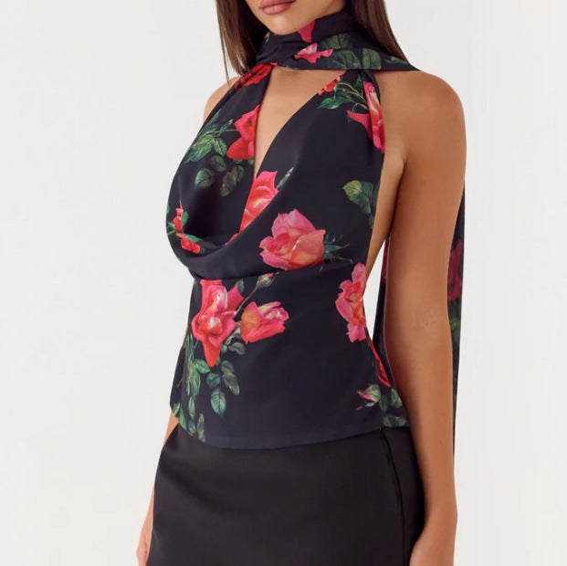 Damen Elegantes Chiffon-Top mit floralem Halsband und tiefem Ausschnitt Echo Archiv