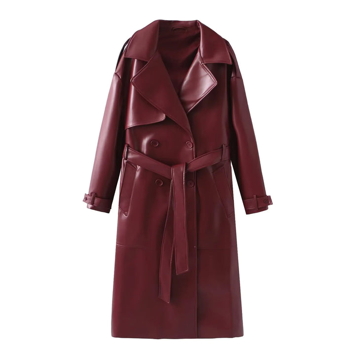 Damen taillierter veganer Trenchcoat aus Lederimitat mit Schalkragen und Bindegürtel – Montévia
