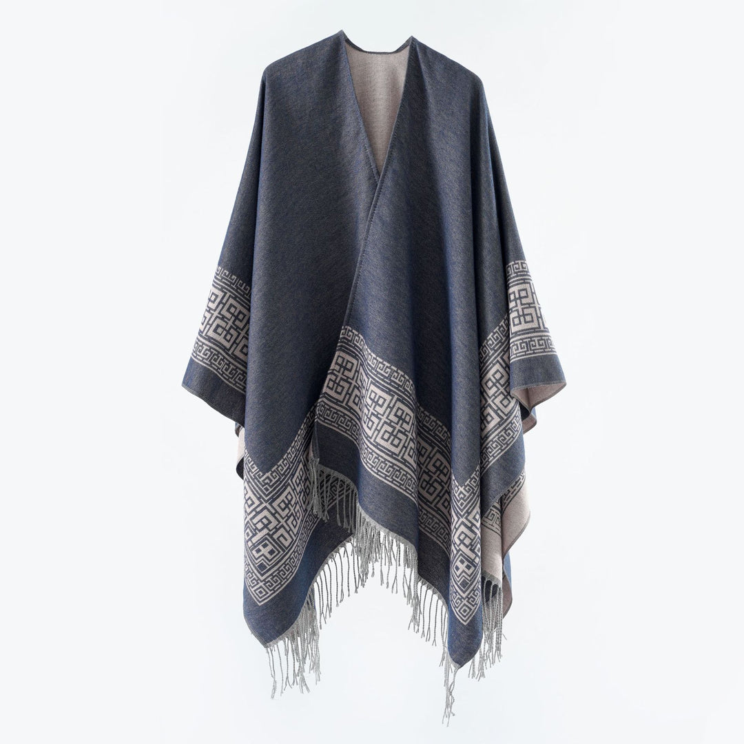 Damen Reversibler Wollmix‑Überwurf im Kimono‑Fall mit ornamentaler Bordüre und Zierfransen – Célinea