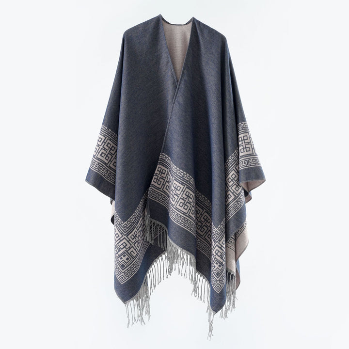 Damen Reversibler Wollmix‑Überwurf im Kimono‑Fall mit ornamentaler Bordüre und Zierfransen – Célinea