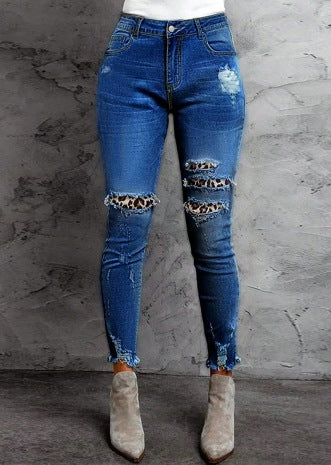Damen Stretch-Skinny-Jeans mit High-Waist, Knie-Ripped-Details und Leo-Unterlage Echo Archiv
