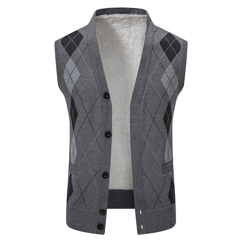 Herren nan ärmellose Strickweste mit Argyle-Muster, Teddyfutter und durchgehender Knopfleiste Echo Archiv