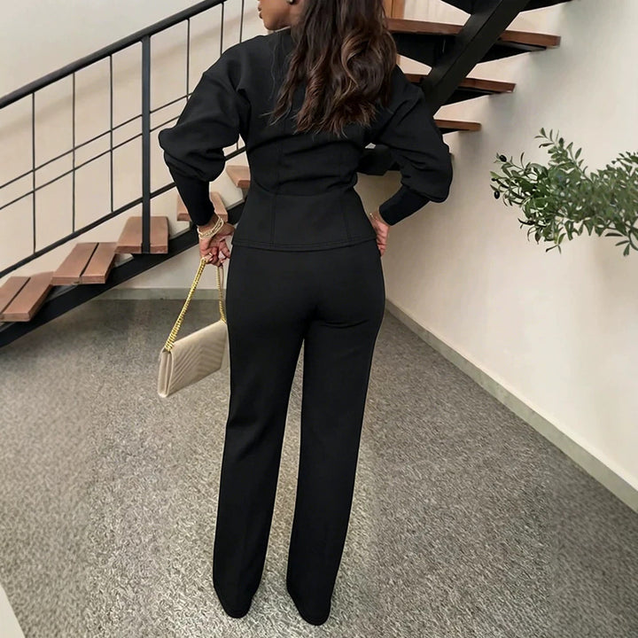 Damen Zweiteiliges tailliertes Blazer‑Hosen‑Set mit goldenen Zierknöpfen und weitem Palazzo-Bein – Avérine