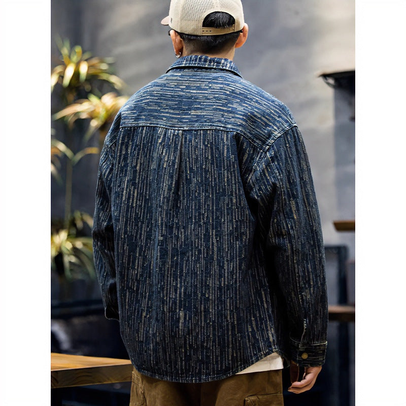 Herren Denim-Overshirt mit vertikaler Strukturprägung und Druckknopfleiste Echoarchiv