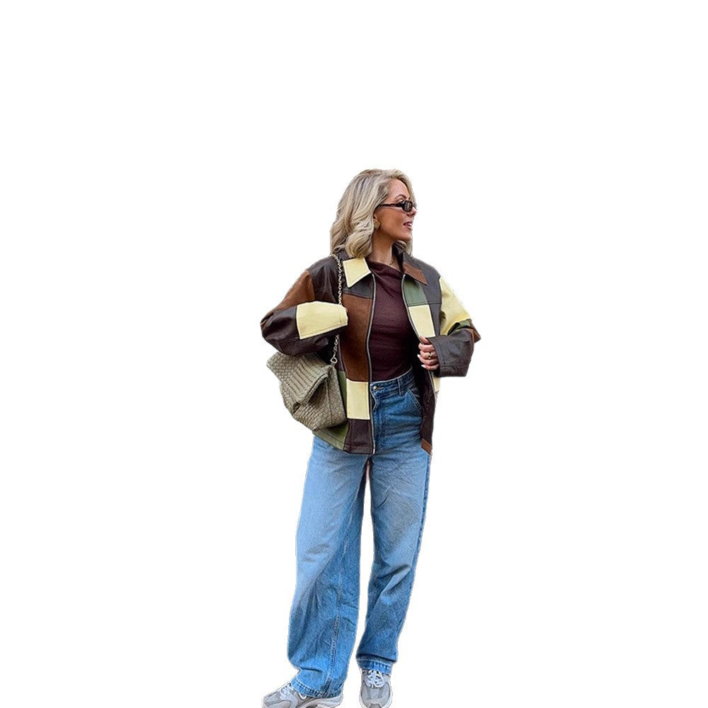 Damen Patchwork-Lederjacke mit Reißverschluss und Oversize-Boxy-Schnitt Echoarchiv