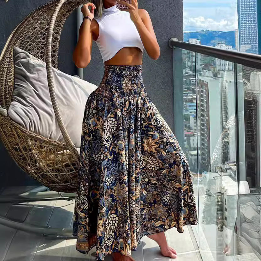 Damen Maxirock mit hohem Smockbund und weitem Boho-Print – Rosévia