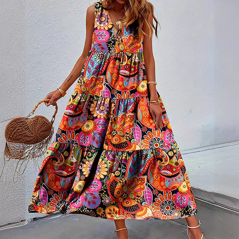 Damen nan stufenförmiges Boho-Maxikleid mit V-Ausschnitt und geraffter Unterbrustnaht Echo Archiv