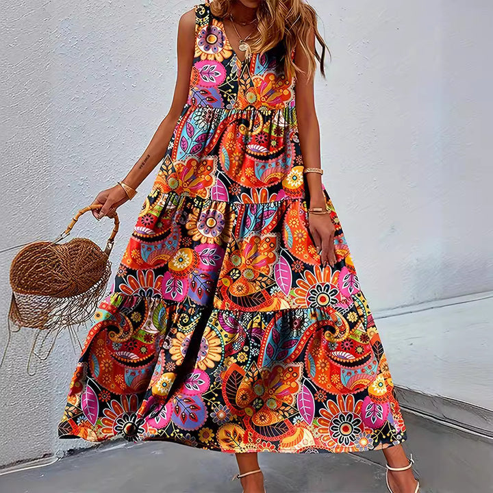 Damen nan stufenförmiges Boho-Maxikleid mit V-Ausschnitt und geraffter Unterbrustnaht Echo Archiv