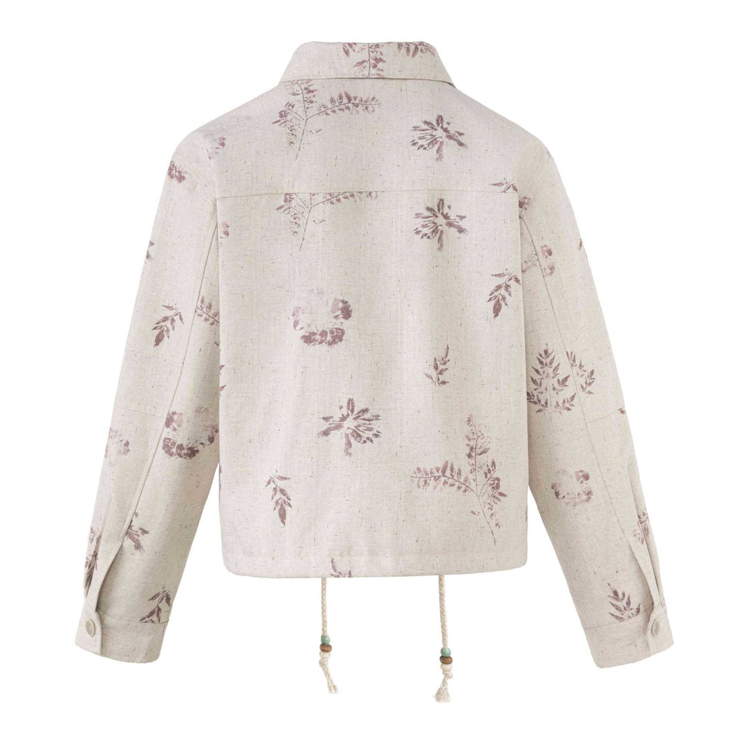 Damen Kurzer floraler Leinenblouson mit Kordelzug, verdeckter Knopfleiste und Hemdkragen Echoarchiv