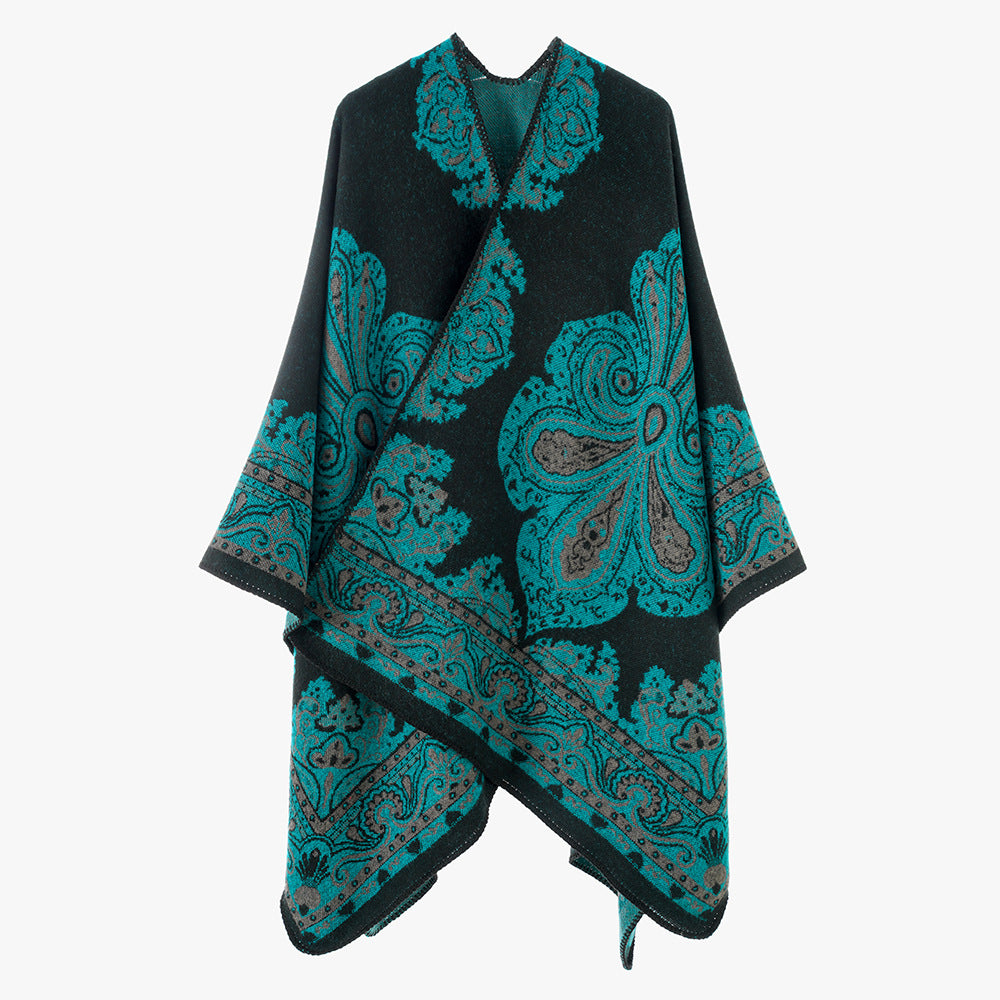 Damen Oversize-Orientalischer Jacquard-Überwurf mit Paisley‑Medaillon und Zierstich – Avérine
